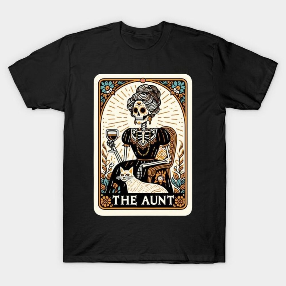 Gothic Tarot Card - The Aunt Skeleton And Cat T-shirt - Picture 1 of 3